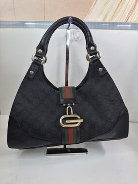 Gucci Black Monogram Shoulder Bag with Red and Green Web